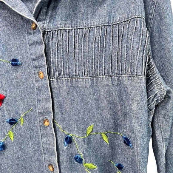 Vtg Bobbie Brooks Embroidered Denim Floral Shirt XL Floral Pintuck Blue Collar - Picture 5 of 16